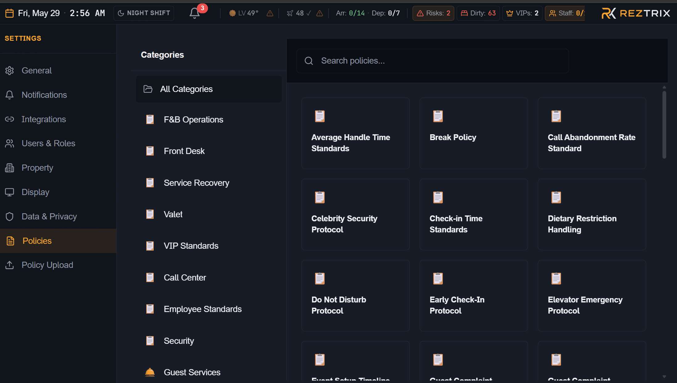 Reztrix Policies settings page with category sidebar and policy card grid.