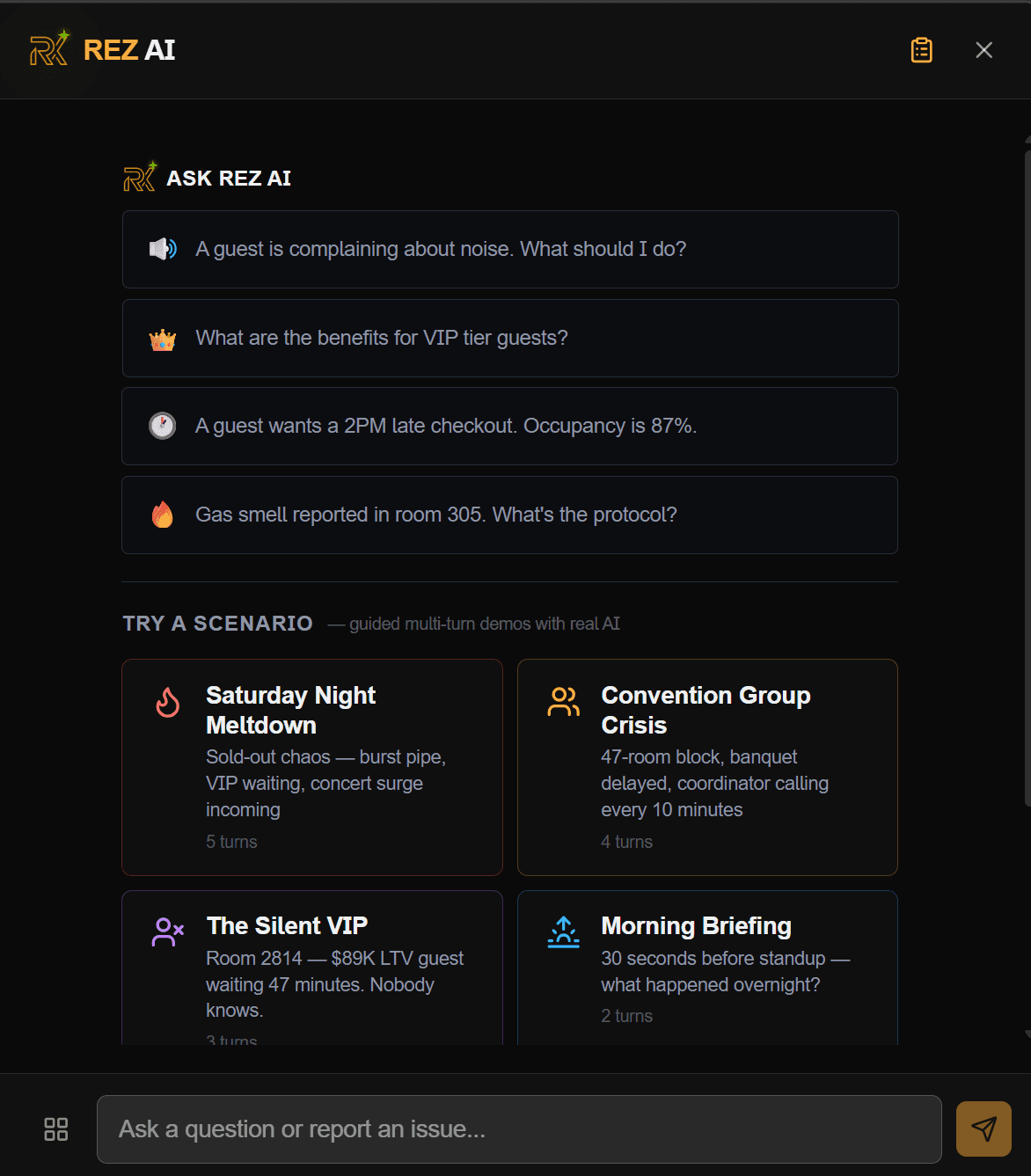 Reztrix REZ AI panel with scenario demo cards for training and evaluation.