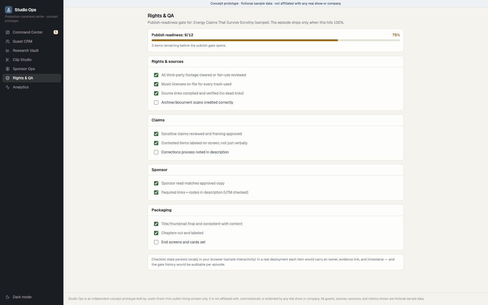 Rights & QA publish-readiness checklist grouped by rights, claims, sponsor compliance, and packaging, with a gate that clears when every item is complete and routes final approval to the Host Decision Inbox. Illustrative content only.