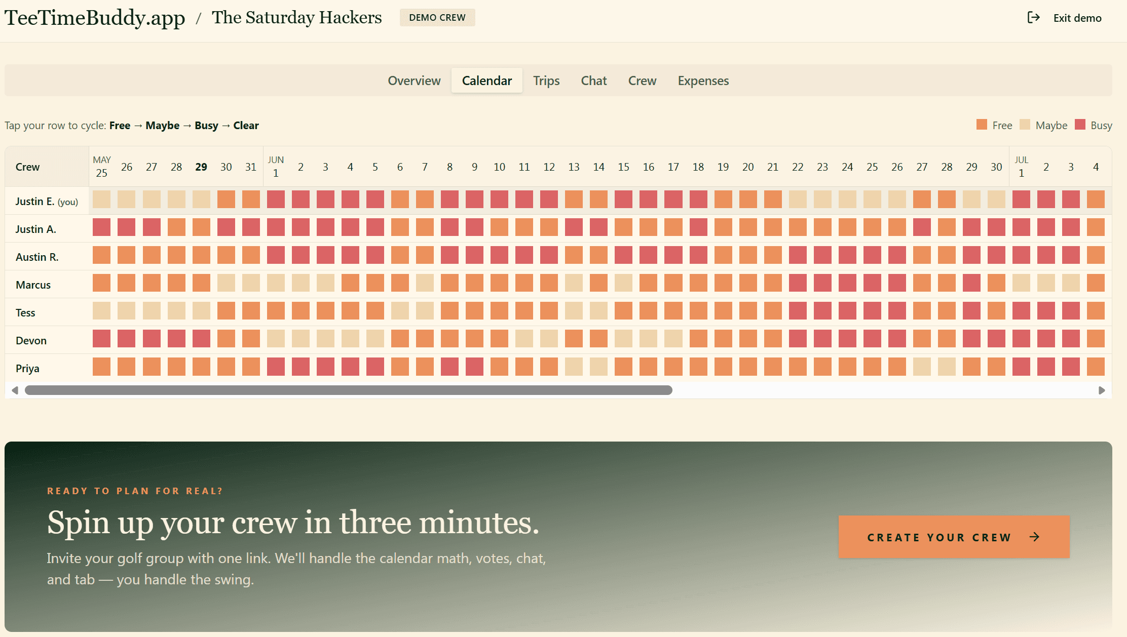 TeeTimeBuddy calendar grid showing crew availability heatmap.