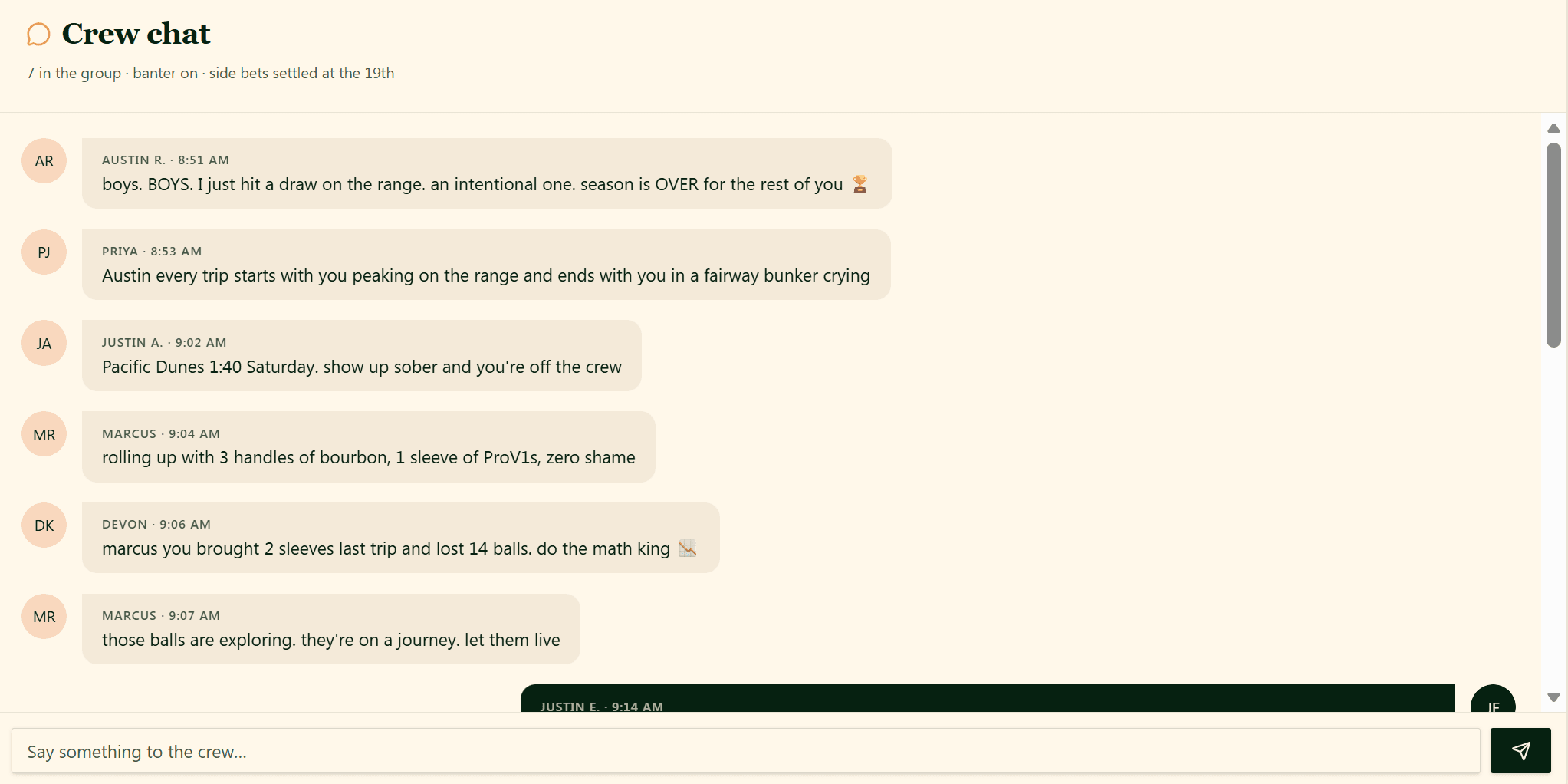 TeeTimeBuddy crew chat with crew members discussing the upcoming trip.