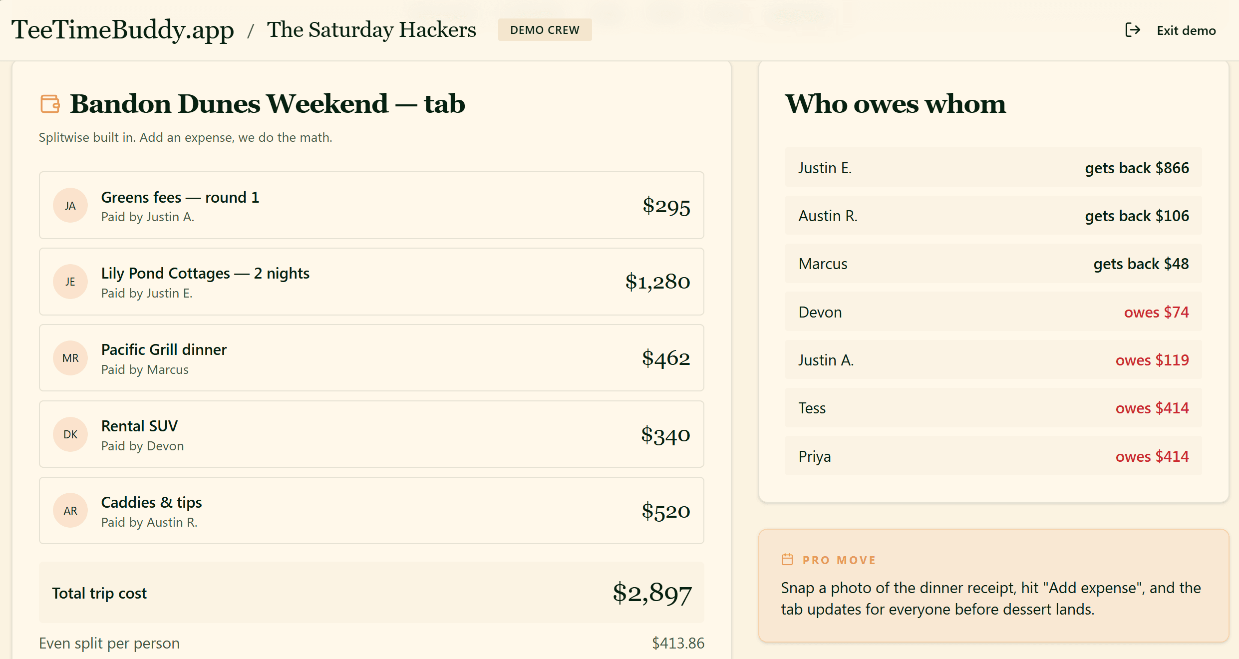 TeeTimeBuddy expense tab showing trip costs and who owes whom.