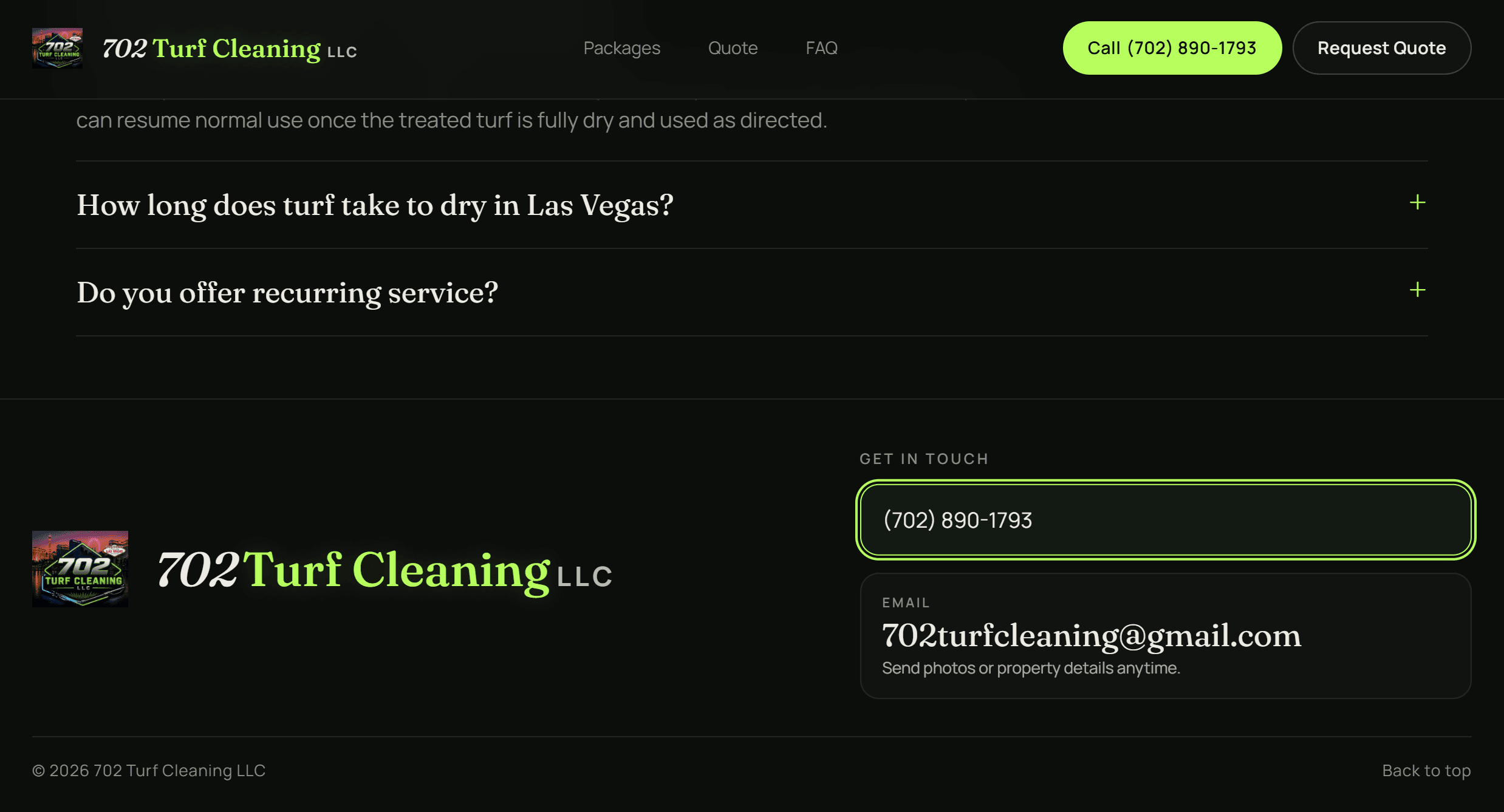 Footer with contact info and phone number
