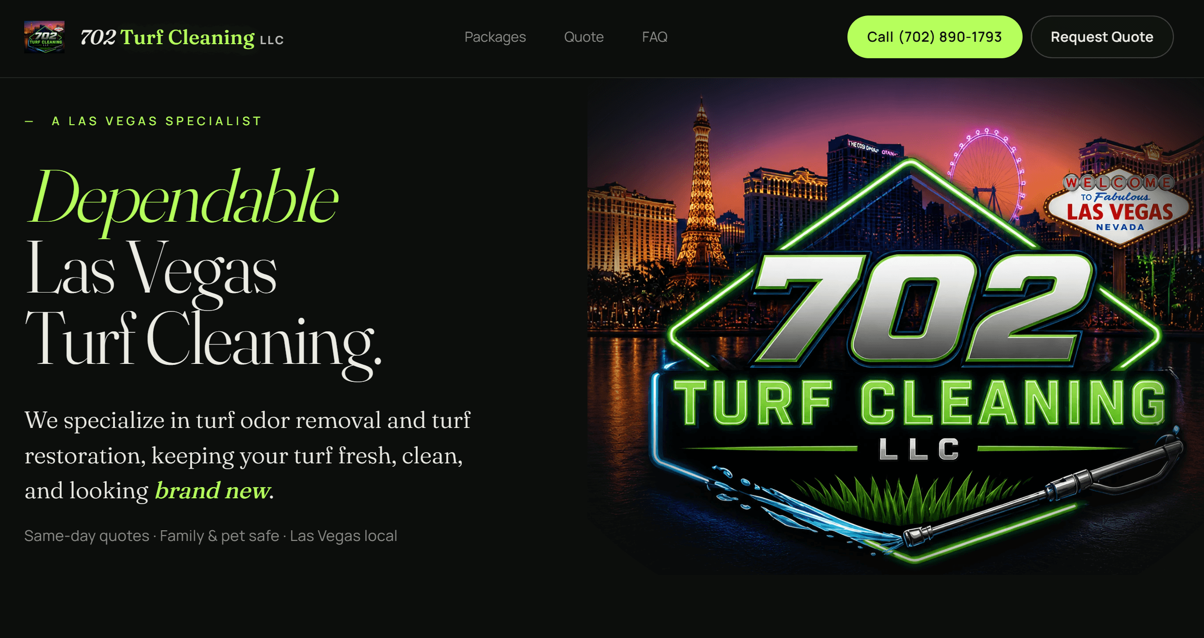 702 Turf Cleaning hero with neon logo and Vegas skyline