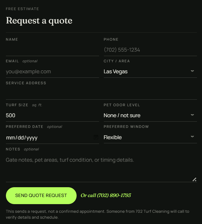Quote request form with turf size and pet odor fields